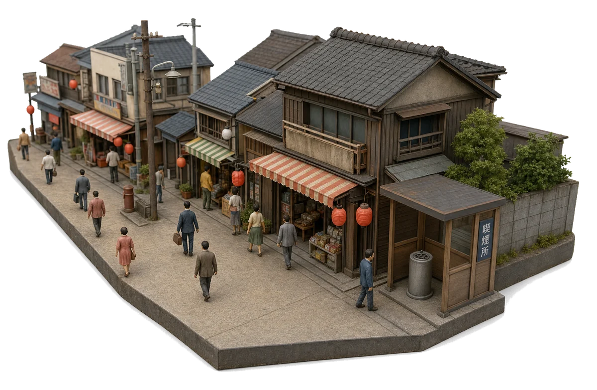昭和レトロな商店街と喫煙ブースのミニチュアジオラマ